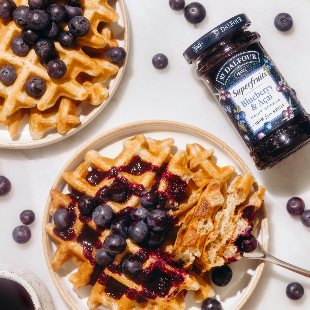Sourdough Waffles drizzled with Blueberry Açaí Superfruits